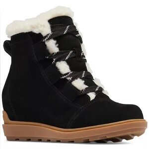 Sorel Evie II Cozy Faux Shearling Black Suede Lace-Up Ankle Boots Sz 8.5